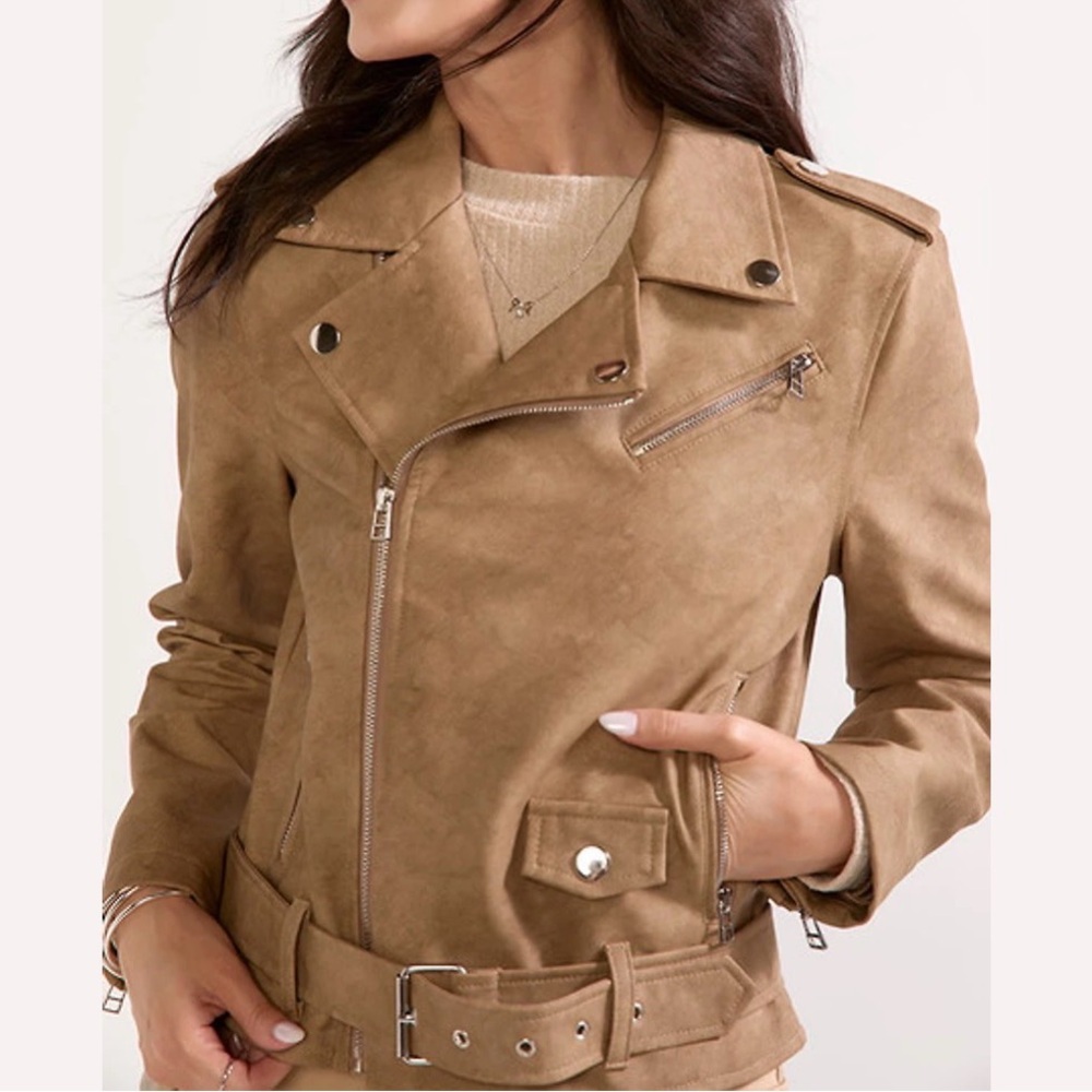 Francesca's Collections Emma Cropped Faux Leather Moto Jacket- Khaki Sz Medium